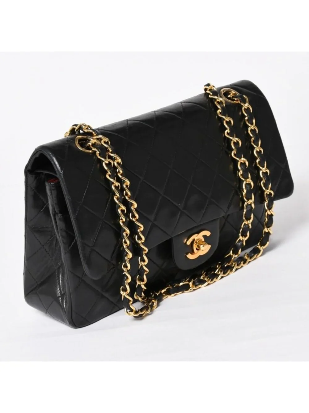 Chanel Quilted 25 Double Flap Chain Shoulder Bag CC Logo Lambskin Black Gold